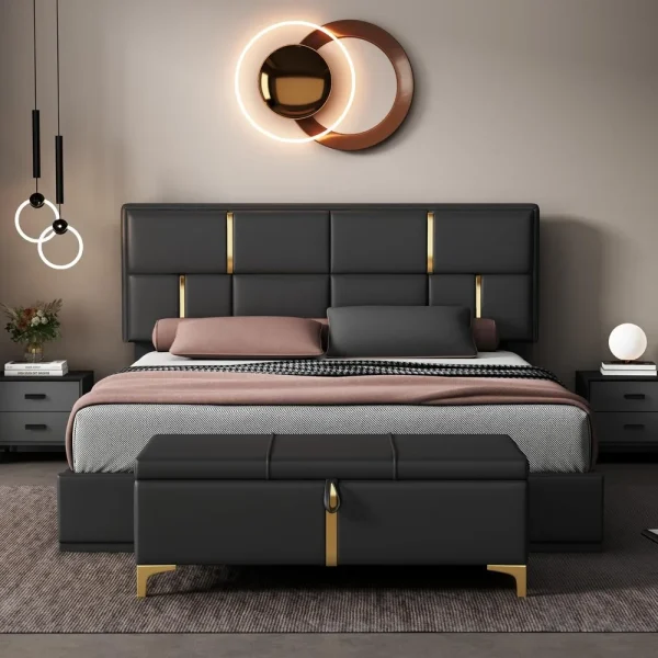 Bedroom Sets with Ottoman Queen Size Hydraulic Storage Bed Bedroom Furniture Sets Queen Size 2 Piece - Black