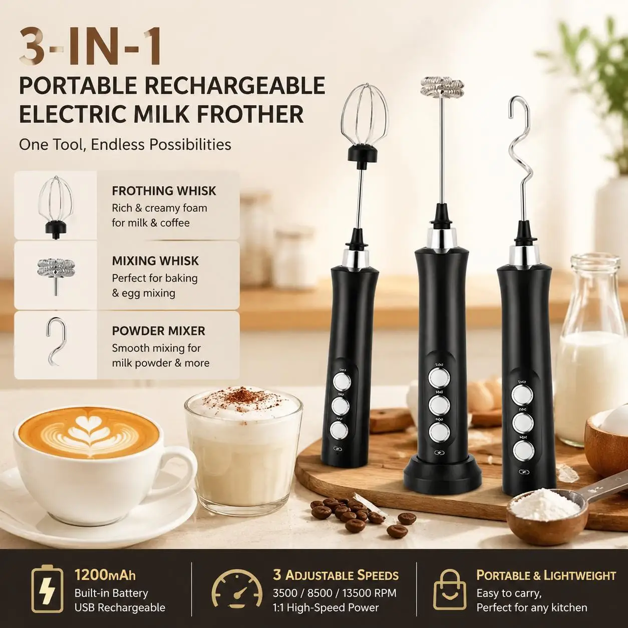 Rechargeable Handheld Milk Frother - Image 1